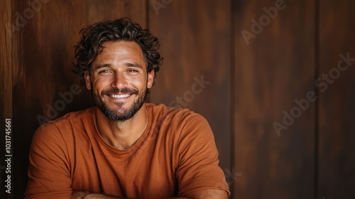 A cheerful man with a beard and curly hair grins while wearing an orange shirt, exuding approachability and warmth against a wooden background.