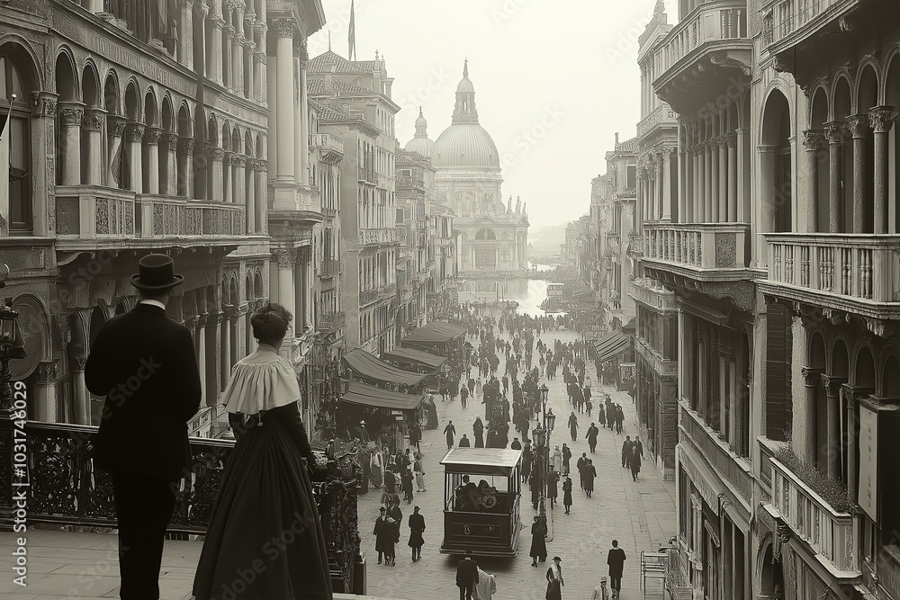 Fototapeta premium A bustling St. Marks Place in Venice during a historic moment filled with activity