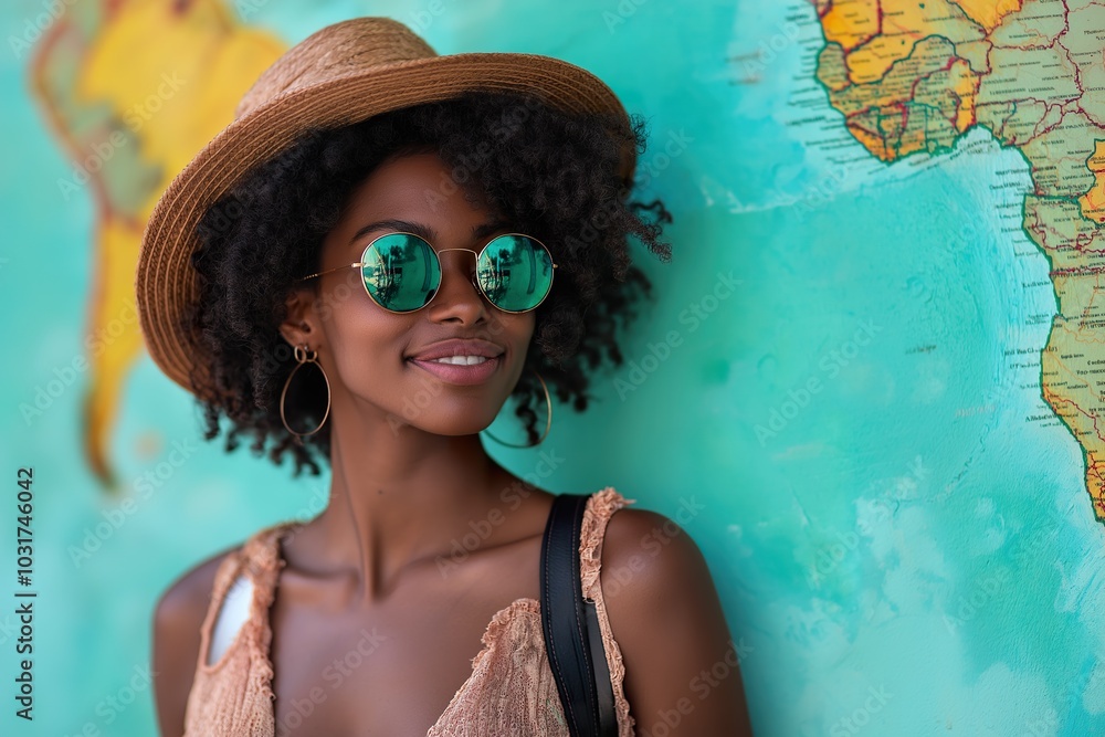 Black traveler enjoying vibrant surroundings while exploring a map of Africa, smiling and embracing her adventurous spirit Black traveler enjoying vibrant surroundings while exploring a map of Africa, smiling and embracing her adventurous spirit
