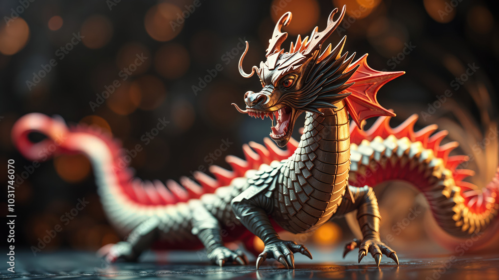 Obraz premium Vibrant Chinese Dragon Sculpture With Illuminated Background