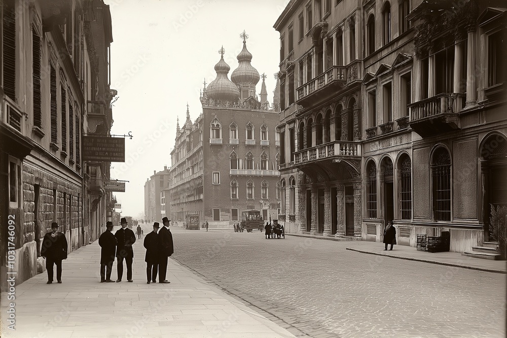 Obraz premium Historic style St. Marks Place in Venice bustling with activity during early 20th century chaos
