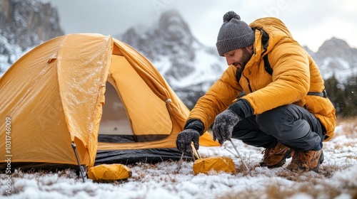 A man in a yellow jacket sets up a tent in a snowy mountainous area, readying his gear for a cold weather adventure, highlighting the beauty of winter camping. photo