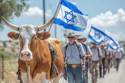 Red cow leads a parade of men carrying Israeli flags along a sunny rural road photo