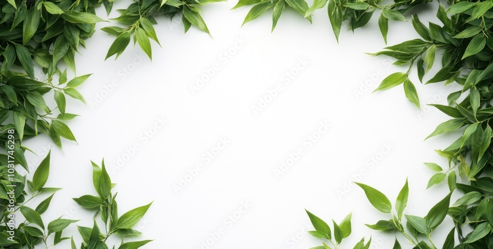 Naklejka premium A border of green leaves framing a blank white space for design or text.