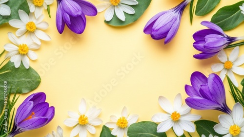 A vibrant floral arrangement featuring daisies and crocuses on a soft yellow background.