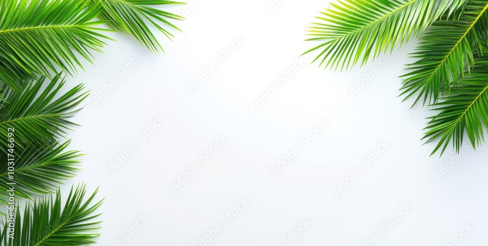A clean white background framed by green palm leaves, ideal for tropical-themed designs. A clean white background framed by green palm leaves, ideal for tropical-themed designs.