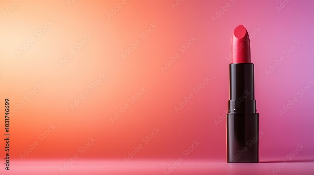 A single red lipstick is featured against a colorful gradient background, creating a visually appealing aesthetic that highlights its elegant design and vibrant hue. A single red lipstick is featured against a colorful gradient background, creating a visually appealing aesthetic that highlights its elegant design and vibrant hue.