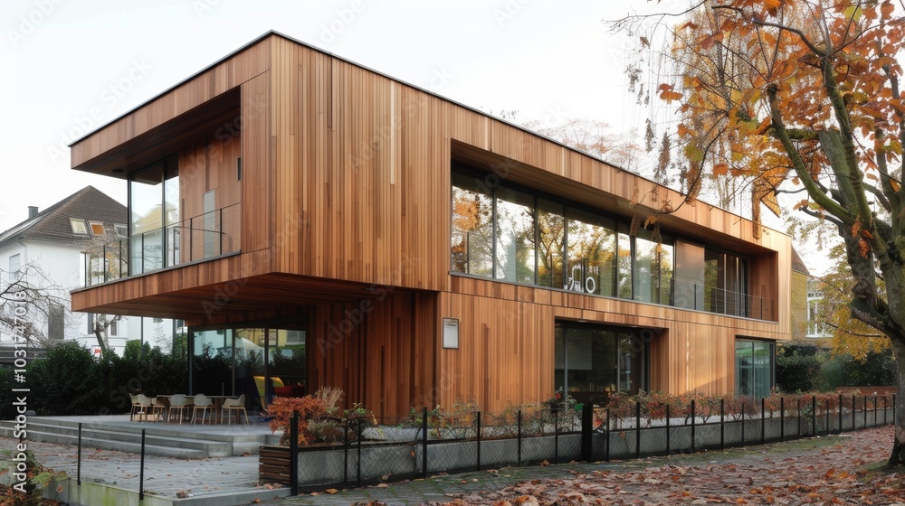 Modern Wooden House Exterior with Autumn Backdrop Modern Wooden House Exterior with Autumn Backdrop