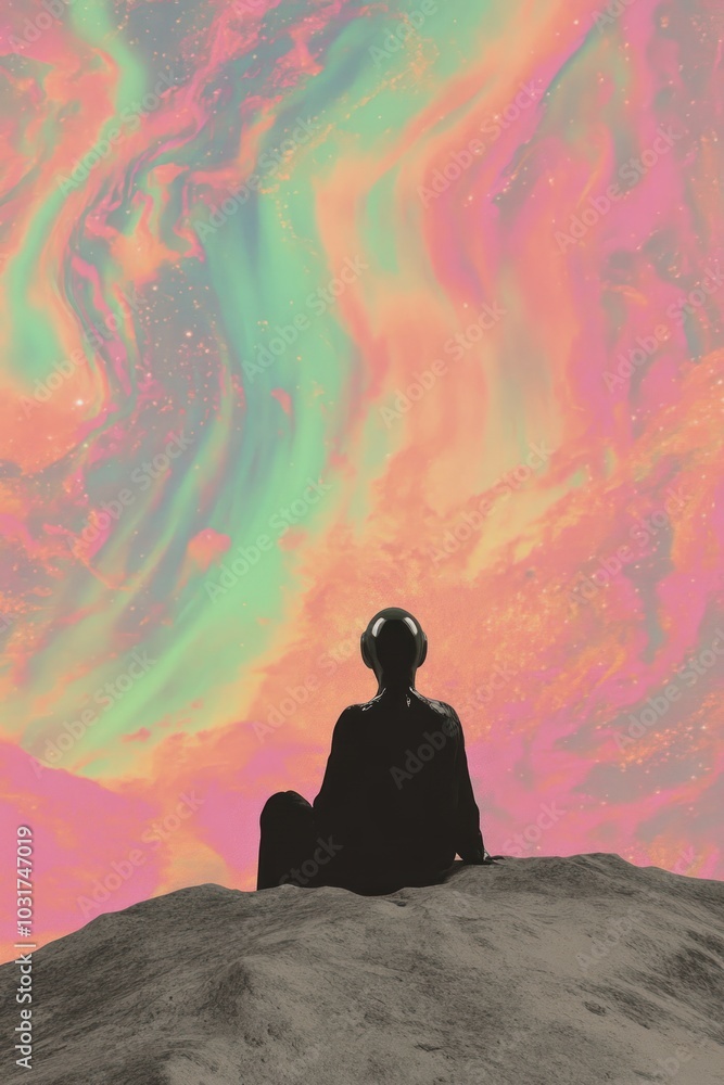 A silhouette of a figure sits on a rock, gazing at a vibrant, swirling cosmic background. A silhouette of a figure sits on a rock, gazing at a vibrant, swirling cosmic background.