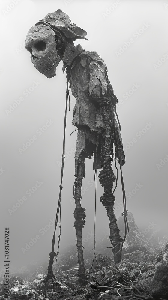 Eerie Figure in Fog: A Surreal Black and White Sculpture Eerie Figure in Fog: A Surreal Black and White Sculpture