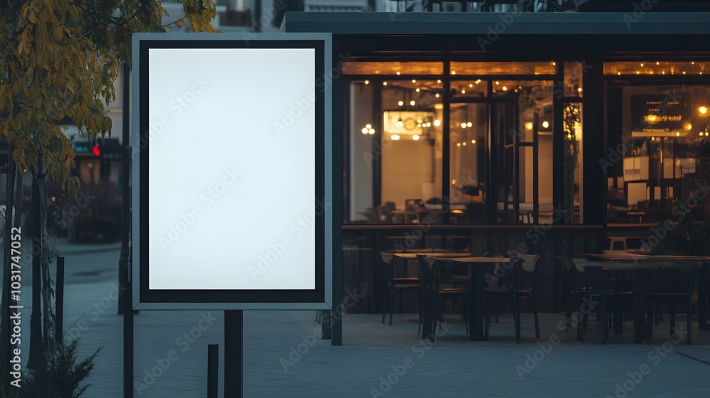 Blank Billboard Mockup at Night: Illuminated sign outside a trendy restaurant at dusk. Perfect for showcasing your designs or advertisements. Blank Billboard Mockup at Night: Illuminated sign outside a trendy restaurant at dusk. Perfect for showcasing your designs or advertisements.