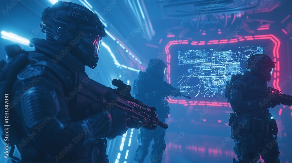 Futuristic Warfare Strategy in High-Tech Bunker - 3D Render Illustration with Soldiers, Holographic Map, Flickering Lights Futuristic Warfare Strategy in High-Tech Bunker - 3D Render Illustration with Soldiers, Holographic Map, Flickering Lights