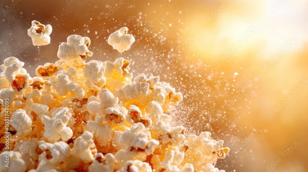 Popcorn kernels captured in mid-air with a warm, golden glow backdrop, exuding an energetic burst reminiscent of fun and joy, perfectly composed for snacking appeal. Popcorn kernels captured in mid-air with a warm, golden glow backdrop, exuding an energetic burst reminiscent of fun and joy, perfectly composed for snacking appeal.