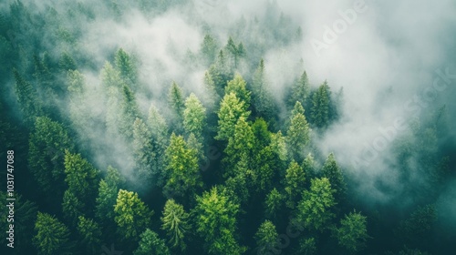 Aerial view of dense green forest surrounded by mist, showcasing nature's beauty.