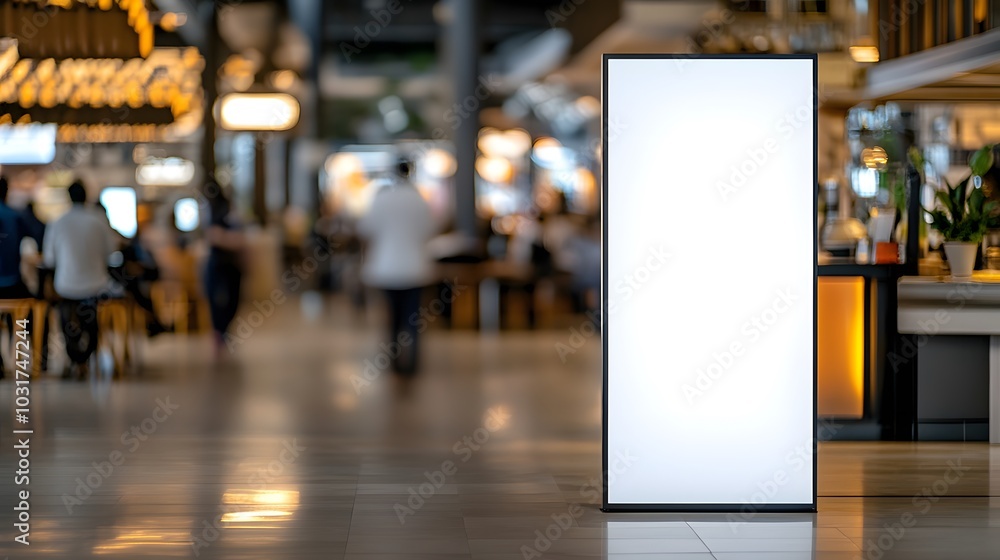 Blank Billboard in a bustling food court: A blank billboard stands out in a vibrant, bustling food court, offering a prime opportunity for your message to shine. Blank Billboard in a bustling food court: A blank billboard stands out in a vibrant, bustling food court, offering a prime opportunity for your message to shine.