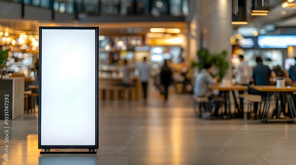 Blank Signage in Busy Food Court: An empty, vertical billboard stands in a bustling food court, showcasing a blank canvas for marketing and advertising opportunities. Blank Signage in Busy Food Court: An empty, vertical billboard stands in a bustling food court, showcasing a blank canvas for marketing and advertising opportunities.