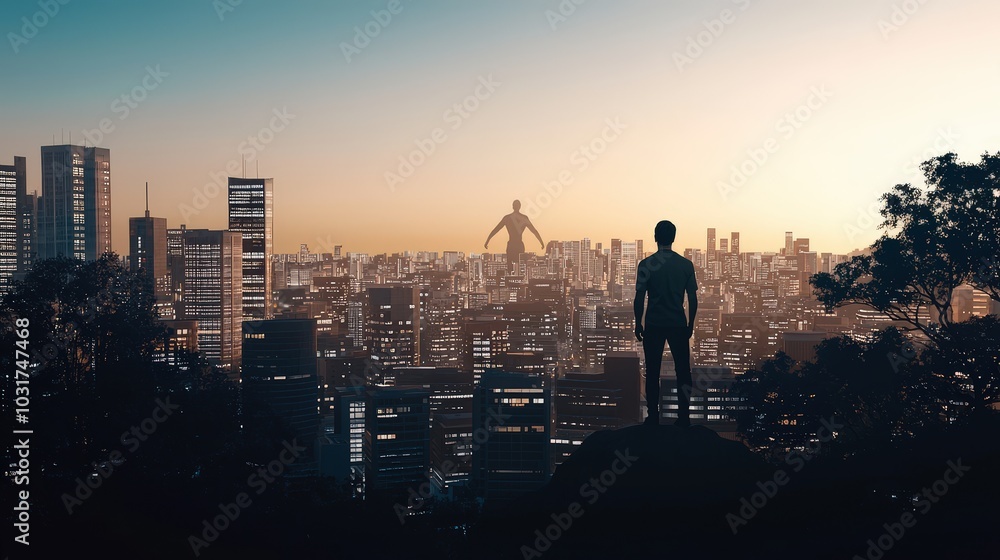 Fototapeta premium Man Silhouette Overlooking Cityscape at Dusk with Giant Figure
