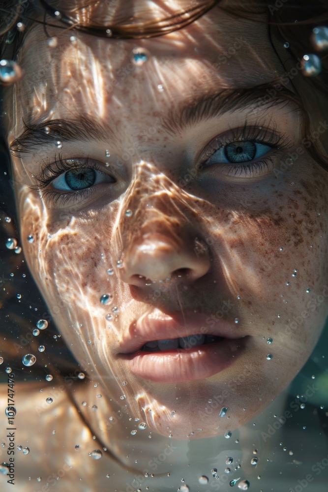 Underwater Portrait of Young Woman with Blue Eyes Underwater Portrait of Young Woman with Blue Eyes