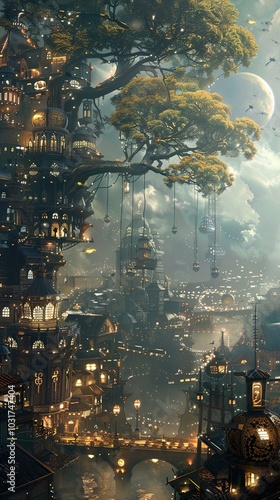 A Glowing Cityscape in a Fantasy World