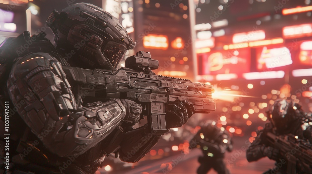 Epic Futuristic Warfare 3D Render of Rival Factions Showdown in High-Tech Coliseum with Advanced Weapons and Holographic Advertisements Epic Futuristic Warfare 3D Render of Rival Factions Showdown in High-Tech Coliseum with Advanced Weapons and Holographic Advertisements