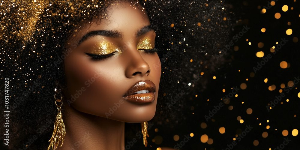 gold and black - Afro-American female model in a black background gold and black - Afro-American female model in a black background
