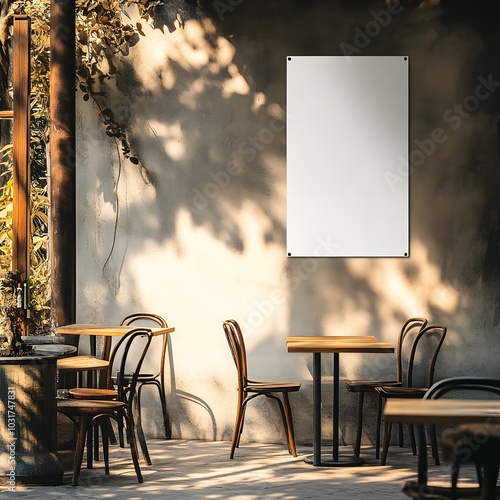 Sun-Drenched Cafe Mockup: A blank vertical poster hangs on a rustic wall in a charming outdoor cafe setting, bathed in warm, dappled sunlight. Perfect for showcasing your designs or menu.  photo