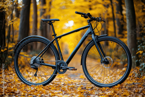 Black mountain bicycle parked in the colorful fall park among trees, close up horizontal composition