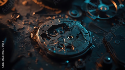 Wallpaper Mural Intricate dismantled mechanical watch with detailed gears and springs on dark background, symbolizing precision and complexity in teardown analysis. Torontodigital.ca