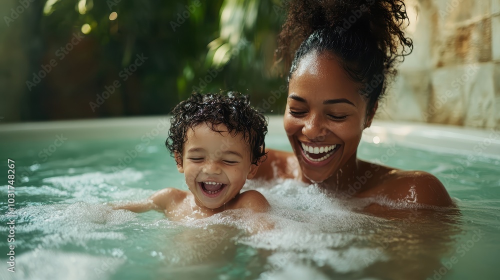 An image that captures the happiness and warmth of a mother playing with her son in a bright, sunny pool setting, their laughter glowing under natural light. An image that captures the happiness and warmth of a mother playing with her son in a bright, sunny pool setting, their laughter glowing under natural light.