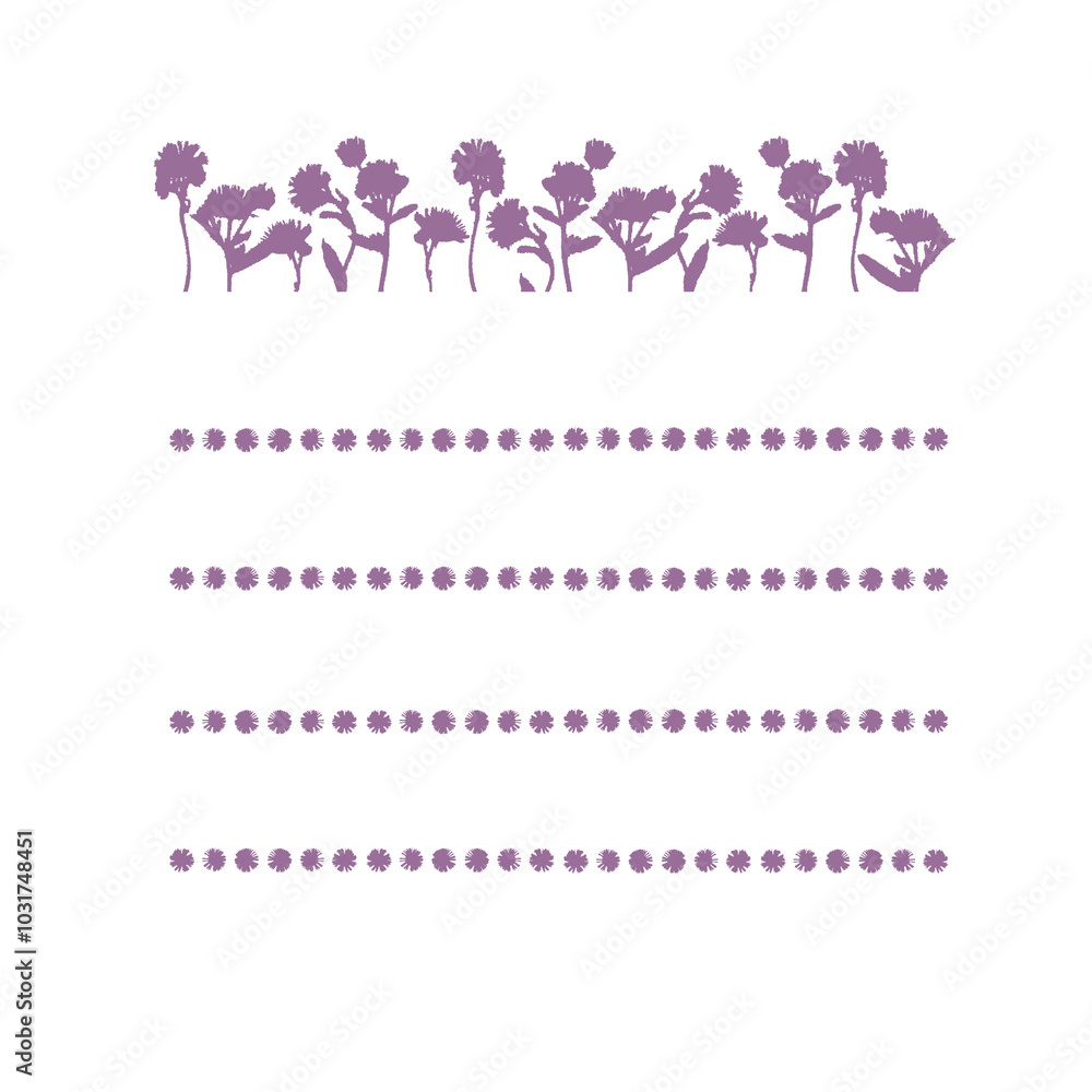 White paper note template for text with violet silhouette flowers ...