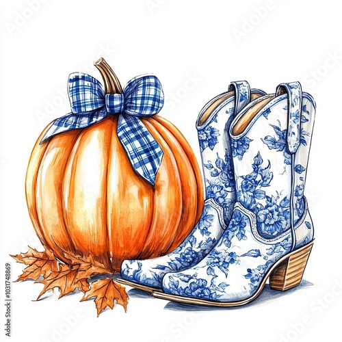 Watercolor pumpkin with plaid bow and chinoiserie boots, Hyper-realistic watercolor illustration of a vibrant pumpkin with a blue plaid bow on the stem, paired with chinoiserie coastal cowgirl boots,
