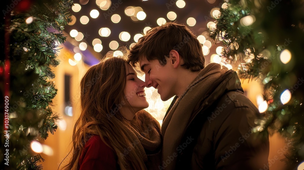 A Couple Shares a Moment Under Mistletoe, Smiling and Blushing as Holiday Lights Twinkle Around Them A Couple Shares a Moment Under Mistletoe, Smiling and Blushing as Holiday Lights Twinkle Around Them