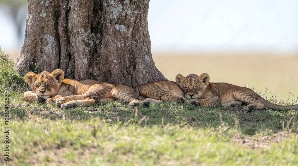 Three lion cubs resting under a tree in a grassy landscape. Three lion cubs resting under a tree in a grassy landscape.