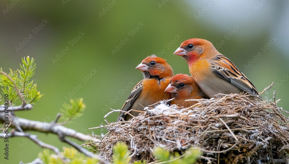 Three birds perched in a nest, showcasing nature's beauty and nurturing. Three birds perched in a nest, showcasing nature's beauty and nurturing.