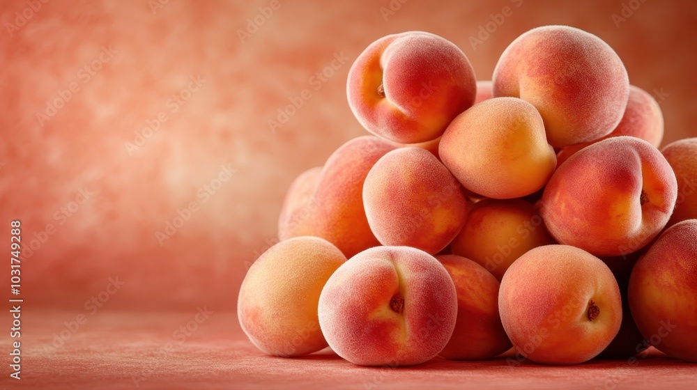 A beautiful assortment of ripe peaches resting in a pile with velvety skin, sitting against a textured warm peach background, showcasing nature's sweet bounty. A beautiful assortment of ripe peaches resting in a pile with velvety skin, sitting against a textured warm peach background, showcasing nature's sweet bounty.