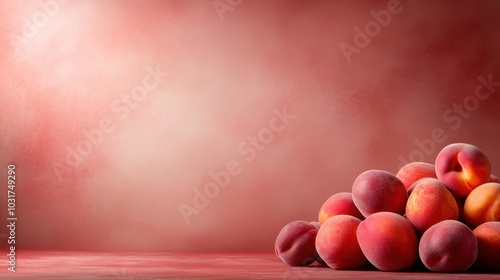 A pile of vibrant red peaches displayed against a richly hued red background. The image emphasizes the color contrast and highlights organic beauty. photo