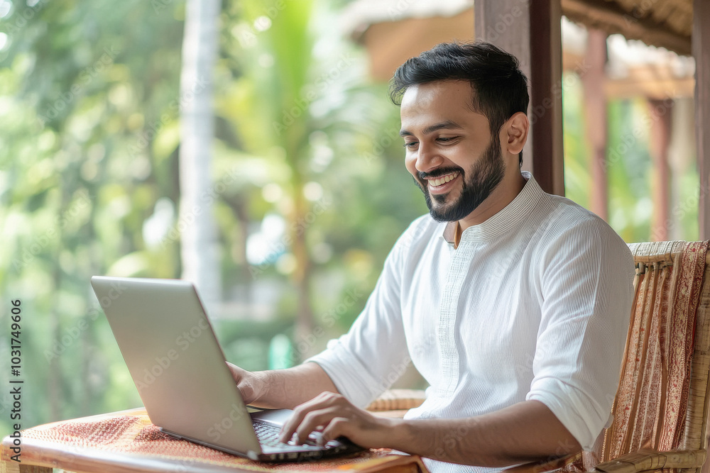 young indian man using laptop at home young indian man using laptop at home