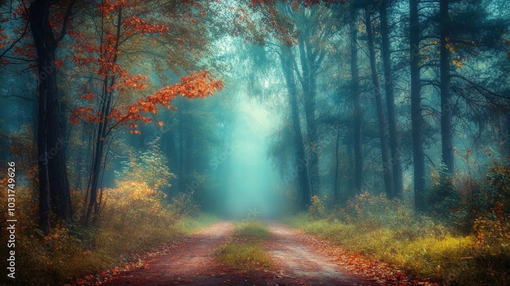Fototapeta premium A serene forest path shrouded in mist, showcasing vibrant autumn foliage.
