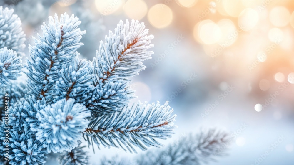 A close-up of frosted pine branches against a blurred, warm background. A close-up of frosted pine branches against a blurred, warm background.