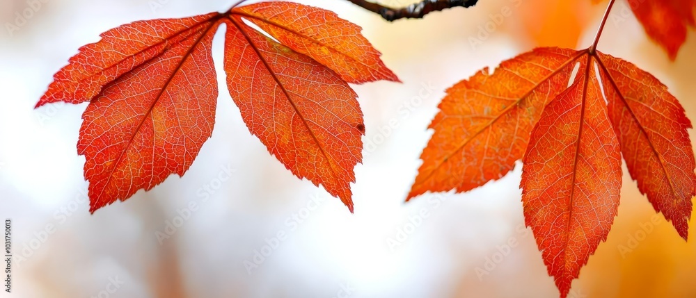 A tight shot of two reddish leaves on a branch against a softly blurred backdrop of nearby leaves A tight shot of two reddish leaves on a branch against a softly blurred backdrop of nearby leaves