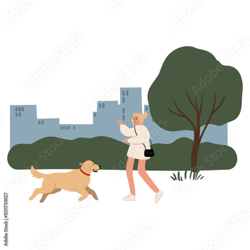People enjoying leisurely strolls in the park with their dogs. Families, couples, and individuals interact with their happy pets, capturing delightful moments. Flat vector illustrations.