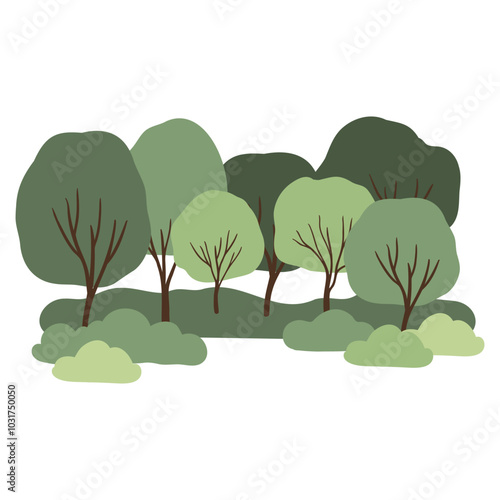 hand-drawn vector illustration depicts a picturesque summer landscape in a serene park. The minimalist style emphasizes the beauty of nature, warmth and joy of outdoor spaces.