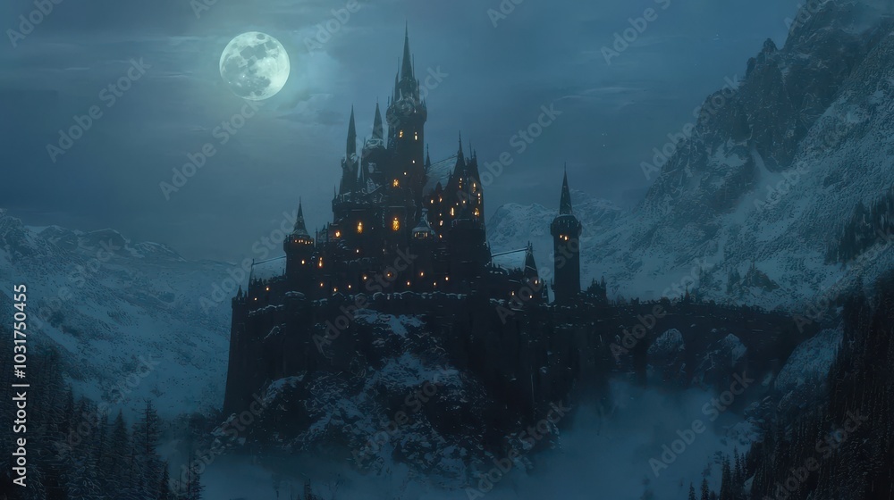 Majestic Winter Castle in Snowy Valley, Towers Draped with Holiday Lights Under the Soft Light of a Full Moon Majestic Winter Castle in Snowy Valley, Towers Draped with Holiday Lights Under the Soft Light of a Full Moon