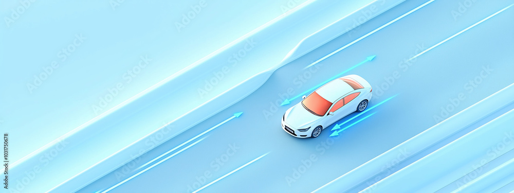 Naklejka premium Futuristic 3D Illustration of Cars on a Highway with Blue Arrows Indicating Wireless Data Sharing and Communication for Enhanced Traffic Flow and Safety Control