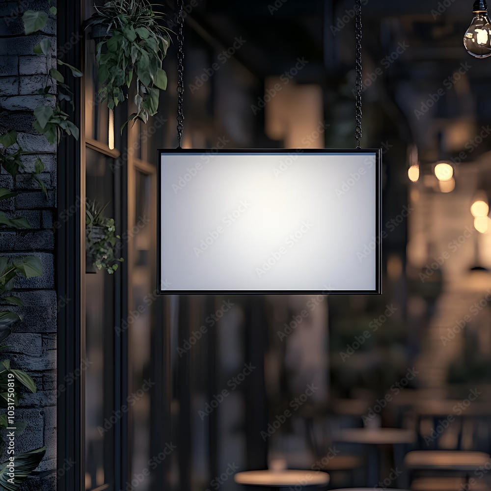 Blank Rectangular Sign Hanging Outside a Trendy Cafe at Night Blank Rectangular Sign Hanging Outside a Trendy Cafe at Night