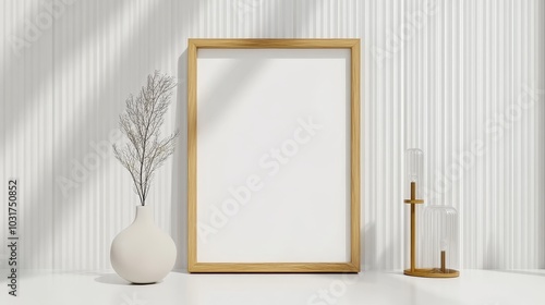 A clean and contemporary mockup featuring a minimalist wooden frame against a white backdrop, ideal for showcasing artwork, photography, or branding.  The frame is positioned on a sleek surface, with 