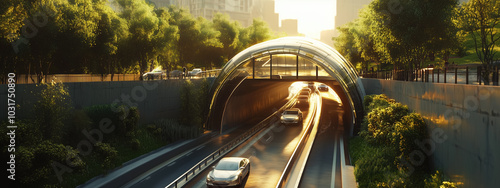 Commercial Cityscape of Seoul: 3D Rendered Clay Animation Featuring Cars in a High-Tech Tunnel Under the Han River, Bathed in Soft Focus Warm Tones and Greenery photo