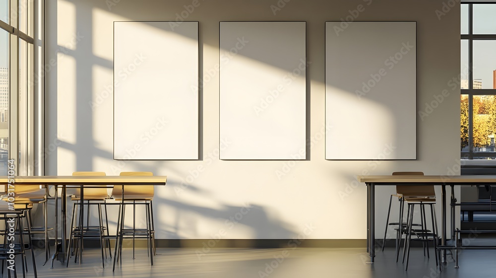 Fototapeta premium Modern Cafe Interior with Blank Canvases