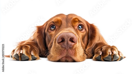 A close-up of a brown dog resting its head on the ground, looking curiously at the viewer.