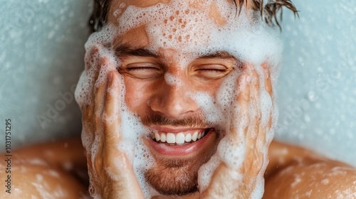 A young man with a cheerful smile washing his face vigorously with soap lather, capturing a fun and refreshing moment of personal hygiene in a bathroom setting.